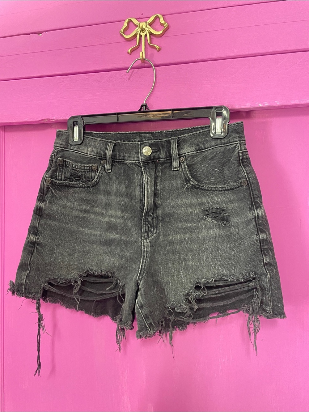 American Eagle Outfitters Black Distressed High-Rise Denim Shorts